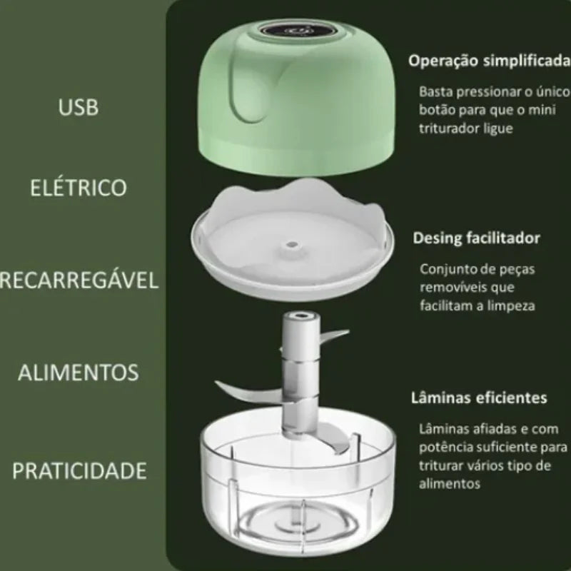 Mini Processador Elétrico Portátil com 3 lâminas de aço inox: Moedor de Carne, Vegetais, Alho, Fruta, Amendoim - (250ml) Recarregável USB Bivolt