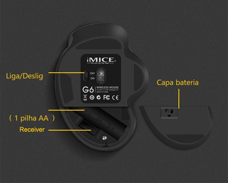 Mouse Ergonômico Sem Fio MICE 6 Botões Até 1600 dpi