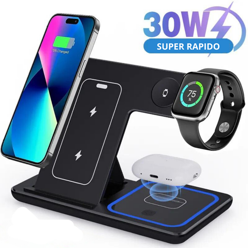 Super carregador por indução 4 em 1, 30W FAST (iPhones, Smartphones, Airpods, Smartwhatches, Apple Watches)
