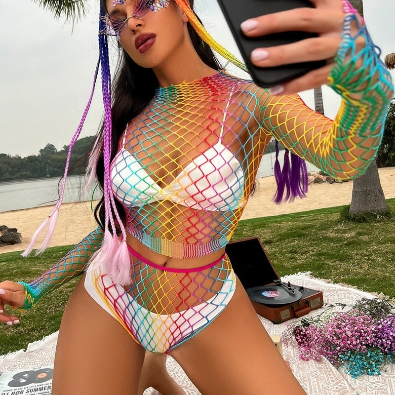 Saida de praia arco-íris malha vazada de croche, super sexy.