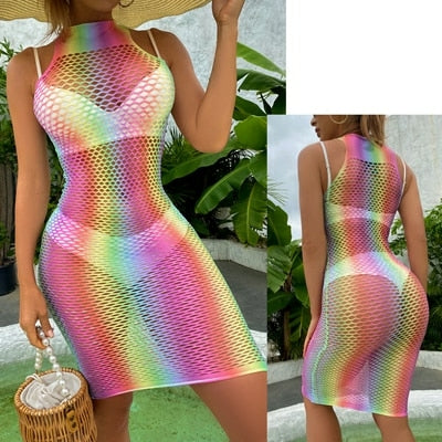 Saida de praia arco-íris malha vazada de croche, super sexy.