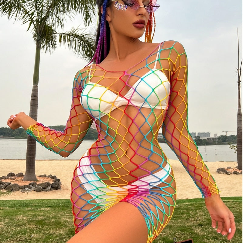 Saida de praia arco-íris malha vazada de croche, super sexy.