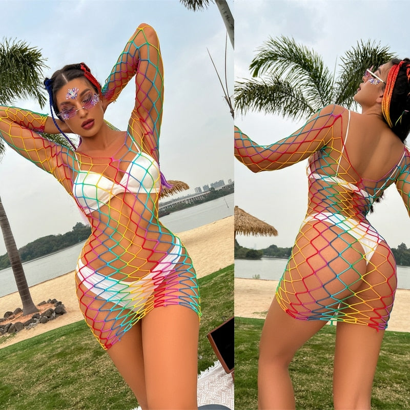 Saida de praia arco-íris malha vazada de croche, super sexy.